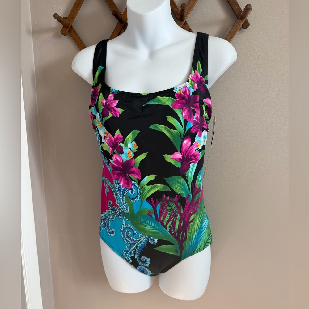 NWT Longitude Tropical Floral Paisley Long Torso One Piece Swimsuit - Size 10